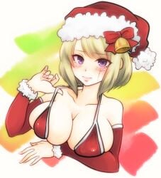 alternate_costume arm_under_breasts big_breasts bikini bikini_pull bikini_top blonde_female blonde_hair blush christmas christmas_outfit cleavage detached_sleeves embarrassed facial_scar female female_only fur_trim gintama hair_down hair_ribbon looking_at_viewer medium_hair overflowing_breasts paleatus purple_eyes red_bikini santa_hat scar solo tsukuyo upper_body