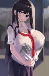 1girls absurd_res alternate_version_available bag big_breasts black_hair blue_eyes blush breasts busty curves curvy curvy_body curvy_female curvy_figure dark_hair ear female female_only gigantic_breasts head_tilt huge_breasts large_breasts nicorima open_mouth purple_skin rain raining red_tie school_bag school_uniform schoolgirl schoolgirl_uniform see-through see-through_clothing thick tie violet_eyes wet wet_clothes wet_clothing