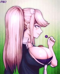 alternate_version_available barely_contained breasts bursting_breasts cleavage danganronpa danganronpa:_trigger_happy_havoc danganronpa_1 enormous_breasts fyk0 huge_breasts junko_enoshima lollipop massive_breasts skimpy_clothes smooth_skin voluptuous