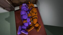 3d bed bedroom big_penis bonnie_the_bunny cuddling five_nights_at_freddy's freddy_(fnaf) french_kissing furniture gay genitals hand_on_penis hi_res high-angle_view kissing lying male male/male male_only on_bed penis penis_grab scottgames sex video_games