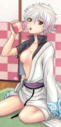 canon_genderswap cleavage female female_only genderswap_(mtf) ginko_sakata gintama gintoki_sakata hadanugi_dousa indoors japanese_clothes kimono mapacorgi medium_breasts messy_hair milk milk_carton no_bra off_shoulder open_shirt popped_collar red_eyes rule_63 short_hair shouji silver_hair sitting solo spill spilled_drink spilling tomboy very_short_hair wariza white_hair