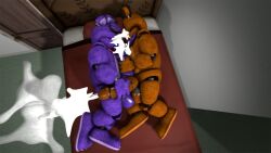 3d bed bedroom big_penis bodily_fluids bonnie_the_bunny cuddling cum cum_on_ground cum_on_self cumkissing ejaculation five_nights_at_freddy's freddy_(fnaf) french_kissing furniture gay genital_fluids genitals hand_on_penis hi_res high-angle_view kissing lying making_a_mess male male/male male_only non-human on_bed penis penis_grab scottgames sex video_games