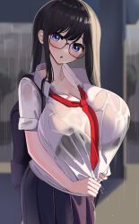 1girls absurd_res bag big_breasts black_hair blue_eyes blush breasts busty curves curvy curvy_body curvy_female curvy_figure dark_hair ear female female_only gigantic_breasts glasses head_tilt huge_breasts large_breasts nicorima open_mouth purple_skin rain raining red_tie school_bag school_uniform schoolgirl schoolgirl_uniform see-through see-through_clothing thick tie violet_eyes wet wet_clothes wet_clothing