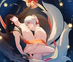 2boys alternate_hair_length alternate_hairstyle anal anal_sex black_hair blue_eyes carrying_partner completely_nude deity embrace eyeshadow feathered_wings furry_tail gay gintama gintoki_sakata glorenia hand_on_another's_head hijikata_toshiro kitsune kyuubi licking_male_nipple long_hair long_hair_male looking_at_viewer male male_only multiple_tails nipple_licking nude official_alternate_costume penis red_eyes silver_hair tail tengu tongue_out uncensored white_fur wings yaoi youkai