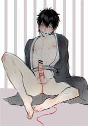 arms_behind_back bar_censor barefoot black_hair blush erection feiqiuxuan full_body gag gagged gintama hijikata_toshiro kimono looking_at_viewer male male_only no_underwear open_clothes open_kimono penis sitting solo spread_legs tied_penis