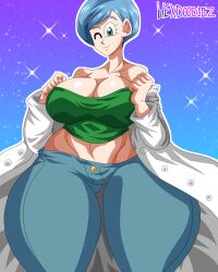 asian asian_female big_breasts blue_eyes blue_hair bulma_briefs cleavage dragon_ball dragon_ball_super dragon_ball_z fully_clothed hexdoodz hi_res highres jeans labcoat light-skinned_female light_skin looking_at_viewer married_woman mature_female milf mother thick_thighs wife