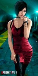 3d 3d_(artwork) ada_wong ada_wong_(adriana) asian_female black_choker black_stockings capcom female female_only gold_bracelets looking_at_viewer lordhayabusa357 portrait posing posing_with_weapon red_dress resident_evil resident_evil_2 solo spy subway weapon_holster