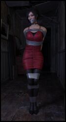 1girls 3d 3d_(artwork) ada_wong ada_wong_(adriana) asian_female black_choker black_high_heels black_pantyhose capcom clothed_bondage female female_only femsub fully_clothed fully_clothed_female looking_at_viewer lord_kamski old_house resident_evil resident_evil_2 solo spy standing tape_bondage tape_gag taped_arms taped_legs taped_mouth