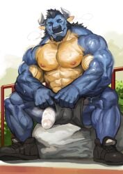 anthro big_muscles bodily_fluids bovid bovine bulge horn male male_focus male_only mammal muscular muscular_anthro muscular_male nipples penis_through_underwear solo sweat traver009 vein veiny_muscles