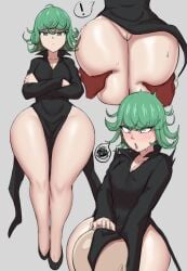 1girls black_dress bottom_heavy child_bearing_hips cunnilingus dress female flat_chest flat_chested green_hair grey_impact huge_thighs male no_panties one-punch_man pear-shaped_figure pear_shaped pear_shaped_female saitama short_green_hair small_breasts tatsumaki thick_thighs thunder_thighs wide_hips