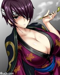 bandaged_head bandages big_breasts black_eyes blowing_smoke cleavage dark_hair dark_purple_hair dutch_angle eye_patch female female_only full_cleavage genderswap_(mtf) gintama hair_over_one_eye haori huge_breasts japanese_clothes kimono kiseru looking_at_viewer no_bra okyou open_kimono pipe purple_hair rule_63 samurai short_hair smoke smoking smoking_pipe solo takasugi_shinsuke upper_body very_short_hair