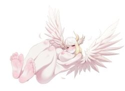 angel angel_wings bare_legs bare_shoulders barefoot breasts character_request copyright_request feathered_wings feathers feet horns huge_breasts long_hair looking_at_viewer maidforge nipples nude smile soles white_background white_wings wings