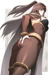 1girls ass ass_grab big_ass black_hair blush bodystocking bodysuit breasts bridal_gauntlets cape carcass_(artist) female female_only fire_emblem fire_emblem_awakening foreshortening from_below grabbing_own_ass hand_on_own_ass korean_commentary large_breasts long_hair looking_at_viewer looking_back looking_down nintendo purple_eyes revision simple_background skin_tight solo tharja_(fire_emblem) thighs tiara two_side_up