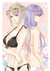 2girls bikini black_bikini blonde_female blonde_hair cleavage facial_scar female female_only gintama glasses hair_ornament kunai lavender_hair long_hair looking_at_viewer looking_back medium_breasts purple_eyes purple_hair red-framed_glasses sarutobi_ayame scar side-tie_bikini sideboob smile swimsuit tied_hair tsukuyo white_bikini