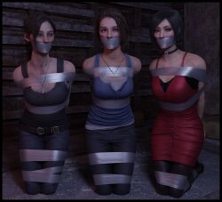 3d 3d_(artwork) 3girls ada_wong ada_wong_(adriana) asian_female black_choker black_high_heels black_stockings capcom claire_redfield clothed_bondage female female_only femsub fully_clothed fully_clothed_female jill_valentine jill_valentine_(sasha_zotova) kneeling looking_at_viewer lord_kamski red_dress resident_evil resident_evil_2 resident_evil_2_remake resident_evil_3 resident_evil_3_remake spy tape_bondage tape_gag taped_arms taped_legs taped_mouth threesome