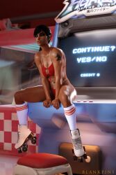 1girls 3d arcade_machine arcade_stick areola areola_slip bikini black_hair blankpins dark-skinned_female dark_skin egyptian egyptian_female female female_only fit_female gamer_girl high_resolution highres long_hair muscular_female nipple_bulge orgasm overwatch penetration pharah roller_skates skimpy_bikini socks solo swimsuit tagme tattoo