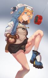 1boy arms_behind_back balls blonde_hair blue_eyes blush bridget clothed erection femboy guilty_gear guilty_gear_strive legs_up looking_down male male_only mosaic_censoring nei019 panties_aside penis small_breasts solo solo_focus strings teddy_bear trap yoyo