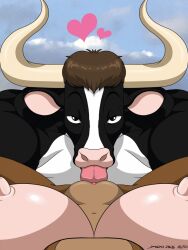 2021 anthro bedroom_eyes black_eyes bovid bovine breasts cattle clitoris clitoris_lick cunnilingus duo female first_person_view genitals heart hi_res holstein_friesian_cattle long_nipples looking_at_viewer male male/female mammal narrowed_eyes nipples oral pink_nose seductive sex teats vaginal_penetration wolfdan86