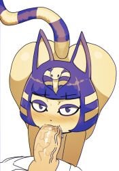 1boy 1girls all_fours animal_crossing ankha ankha_(animal_crossing) black_eyes blowjob blue_eyeliner blue_eyes blue_hair blush bob_cut cat_ears cat_tail catgirl cute egyptian eye_contact eyelashes eyeliner feline fellatio female female_focus fringe fur furry hands-free hi_res male medium_hair narrowed_eyes nintendo oral oral_sex penis petite pov seductive_eyes tail teenager veiny_penis white_background wolfgang_bang yellow_body yellow_fur