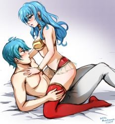 1boy 1girls 2019 bed before_sex big_breasts blue_eyes blue_hair blush bra breasts brother_and_sister choker clothed clothing cowgirl_position dominant_female earrings eirika_(fire_emblem) ephraim_(fire_emblem) eye_contact female fire_emblem fire_emblem:_the_sacred_stones foreplay imminent_sex incest jewelry light_blue_eyes light_blue_hair lingerie long_hair looking_at_another looking_at_partner minacream miniskirt naked_stockings nintendo nipples panties pants partially_clothed see-through siblings skirt source_request straight sweat teal_eyes teal_hair thighhighs tights topless_male twincest twins white_skin woman_on_top