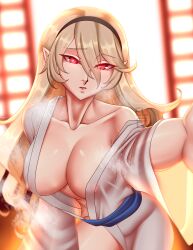 1girls bare_midriff bare_shoulders bare_thighs blonde_hair breasts cleavage cleru_(cleruuuuu) collarbone corrin_(fire_emblem) corrin_(fire_emblem)_(female) covered_nipples door female female_only fire_emblem fire_emblem_fates hair_between_eyes hairband indoors japanese_clothes large_breasts light long_hair midriff nintendo nipples open_door pointy_ears reaching_out red_eyes revealing_clothes see-through shoulders solo sunlight thighs very_long_hair