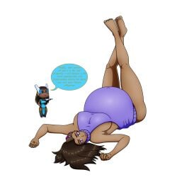 2d 2girls belly big_belly big_breasts breasts chibi dark-skinned_female dark_skin dialogue elek-tronikz female large_breasts latina on_back one-piece_swimsuit overwatch pregnant sideboob sombra swimsuit symmetra text