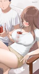 ass big_breasts brown_eyes brown_hair cleavage drink_on_breasts erect_nipples huge_breasts kaisen_chuui looking_at_breasts no_bra object_between_breasts original tight_clothing