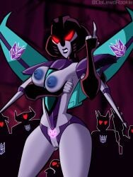 1girls alien alien_girl areola big_areola blue_nipples crotchless_panties curvy exhibitionism grey_body medium_breasts multiple_boys nipples panties pubic_tattoo purple_lipstick purple_panties pussy red_eyes robot robot_girl robot_humanoid rookie115 slipstream thigh_gap transformers transformers_animated vagina wings