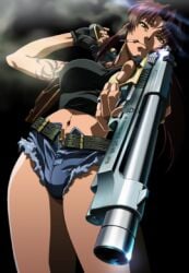 1girls artist_request ass big_breasts black_lagoon cigarette cleavage female female_only fully_clothed gun jean_shorts official_art revy short_shorts solo thick_thighs