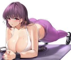 ass ass_cleavage big_breasts butt_crack cleavage damda fate_(series) hanging_breasts huge_ass huge_breasts looking_at_viewer purple_hair push-up red_eyes scathach_(fate) sweat tank_top thick_thighs yoga_pants