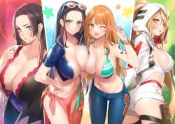 2022 4girls asymmetrical_docking belly_button big_breasts bikini_top black_hair blonde_female blonde_hair blue_eyes boa_hancock breast_press breasts brown_eyes character_request cleavage crop_top crossover dress exposed_midriff female female_only hood jeans long_hair midriff multiple_girls nami navel nico_robin one_piece orange_hair pop_kyun post-timeskip sarong shoulder_tattoo shounen_jump sideboob tattoo