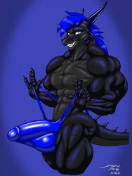 2021 anthro balls big_balls big_penis black_body black_scales blue_hair clothing dragon erection erection_under_thong genitals hair hi_res humanoid_genitalia humanoid_penis looking_at_viewer male male_focus male_only muscular muscular_male penis scales solo thong underwear wolfdan86