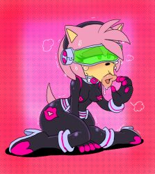 :>= amy_rose amy_the_bat anthro blowjob_face bodysuit fellatian fellatio_face female green-tinted_eyewear high_heels hyliaanan hypnosis lips mind_control nipples panting rouge_the_bat_(cosplay) sega sonic_(series) sonic_the_hedgehog_(series) submissive submissive_female tech_control tinted_eyewear visor