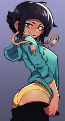 ass ass_focus black_hair blush blush devious female female_focus female_only flirting gray_eyes grey_eyes hoodie knuxy kyoka_jiro leaning_forward my_hero_academia panties pulling_down_pants round_ass short_hair showing_ass small_breasts smile smiling smirk strip_tease taking_clothes_off teasing undressing yellow_panties