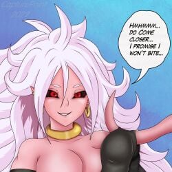 android android_21 big_breasts black_clothing breasts capturepoint dragon_ball dragon_ball_fighterz earrings female jewelry majin_android_21 neck_ring pink_skin red_eyes removing_bra removing_clothing smile tail white_hair