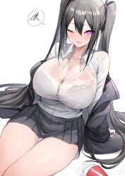 artist_request ass big_breasts black_hair bra button_down_shirt button_gap cleavage pigtails pink_eyes red_potato_rinrin shiny_skin spilled_drink straining_buttons wet_clothes