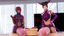 2futas 3d big_breasts black_hair blender capcom dark-skinned_futanari dark_skin derringersfm egyptian_clothes egyptian_headdress futa_only futanari huge_cock hyper hyper_penis juri_han light-skinned_futanari light_skin looking_at_viewer menat pink_eyes precum precum_drip purple_eyeshadow purple_hair rape_face shiny_penis shiny_skin smiling_at_viewer street_fighter street_fighter_v super_street_fighter_iv tagme teal_eyes