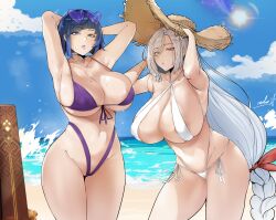 2022 2girls armpits arms_up beach bikini black_hair blue_eyes blue_hair braided_hair breasts female female_only genshin_impact green_eyes hair_over_one_eye hat hips huge_breasts large_hat long_hair outdoors purple_bikini puzenketsu shenhe_(genshin_impact) short_hair slim_waist sun_hat thick_thighs thighs two_tone_hair white_bikini white_hair wide_hips yelan_(genshin_impact)