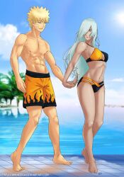 1boy 1girls 2016 amenoosa beach bikini blonde_hair commission digital_media_(artwork) female fully_clothed holding_hands male naruto naruto_(series) naruto_shippuden naruto_the_movie:_blood_prison ryuuzetsu swimsuit swimwear uzumaki_naruto white_hair