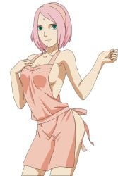 1girls absurdres almost_naked apron apron_only bangs bare_arms barely_clothed boruto:_naruto_next_generations breasts cleavage closed_mouth collarbone cowboy_shot facial_mark female green_eyes hairband highres mature mature_female milf mostly_nude naked_apron naruto naruto_(series) parted_bangs pink_apron pink_hair pink_hairband sakura_haruno short_hair sideboob small_breasts solo standing zero024