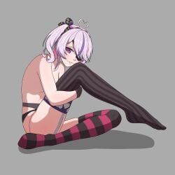 1girls ahoge eye_patch garter_belt looking_at_viewer maria_marionette nijisanji nijisanji_en no_bra one_eye_covered one_leg_raised purple_eyes purple_hair solo solo_female solo_focus thighhighs thighs unholyspicy virtual_youtuber