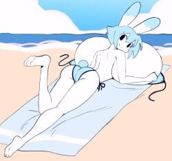 angstrom beach beach_towel bikini blue_hair bunny bunny_ears bunny_girl bunny_tail furry huge_breasts hyper hyper_breasts lagomorph lying lying_on_stomach molly_(angstrom) top_heavy