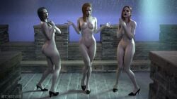 3d 3girls ass bare-faced-cheek bela_(resident_evil) black_hair blonde_female blonde_hair breasts cassandra_(resident_evil) daniela_(resident_evil) female forehead_mark high_heels long_hair multiple_girls naked naked_footwear naked_heels navel nipples nude nude_female pale_skin pussy rain red_hair resident_evil resident_evil_8:_village shaved_pussy sisters wet