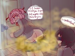 blindfold blindfolded blush closet doki_doki_literature_club doorknob fart farting farting_in_face farting_on_another farting_on_face flustered kirbyoblue1 looking_back looking_back_at_another male natsuki_(doki_doki_literature_club) panties_down pink_eyes pink_hair pink_panties school_uniform skirt_down text text_bubble tsundere uniform