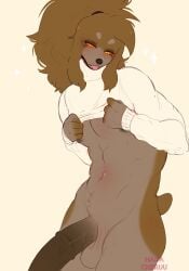 abs anthro balls bedroom_eyes big_penis bird_dog bottomless bottomless_anthro bottomless_male brown_body brown_fur brown_hair brown_penis canid canine canis clothed clothing clothing_lift cocker_spaniel domestic_dog erection fangs floppy_ears fur genitals gradient_background hair half-closed_eyes hi_res huge_cock hunting_dog inviting looking_at_viewer male male_focus male_only mammal muscle_tone muscular muscular_anthro muscular_male nadacheruulewd narrowed_eyes nugget_(diadorin) open_mouth open_smile orange_sclera pecs penis seductive shirt shirt_lift short_tail simple_background smile smirk smug smug_face solo spaniel sweater tan_background tongue tongue_out topwear turtleneck_sweater vein veiny_penis