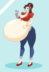 1girls alternate_costume asian asian_female belly big_belly big_breasts breasts brown_hair cleavage cruiser_d.va d.va dea-jn female huge_belly hyper_pregnancy large_breasts nipple_bulge overwatch ponytail pregnant solo_female