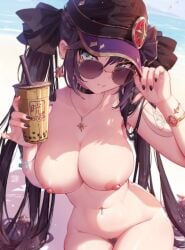 1girls adjusting_eyewear adjusting_glasses adjusting_sunglasses areolae belly big_breasts black_nails boba_tea bracelet breasts completely_nude cup female female_only female_pubic_hair genshin_impact hairy_pussy hat highres holding_cup large_breasts light-skinned_female long_hair looking_at_viewer looking_over_eyewear looking_over_glasses looking_over_sunglasses midriff mitsu_art mona_(genshin_impact) nail_polish nails naked navel navel_piercing necklace nipple_piercing nipples nude piercing pubic_hair ring solo stomach sunglasses tattoo tinted_eyewear turquoise_eyes twintails