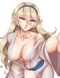 1girls bare_midriff bare_shoulders bare_thighs blonde_female blonde_hair breasts cleavage cleru_(cleruuuuu) collarbone corrin_(fire_emblem) corrin_(fire_emblem)_(female) covered_nipples female female_only fire_emblem fire_emblem_fates hair_between_eyes hairband japanese_clothes large_breasts long_hair midriff nintendo nipples pointy_ears reaching_out red_eyes revealing_clothes see-through shoulders solo thighs very_long_hair white_background