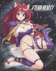 1girls 2022 bikini cameltoe catgirl cleavage danmakuman fallandia_varady large_breasts long_hair looking_at_viewer purple_eyes red_hair shoulder_pads sitting steam_hearts thong