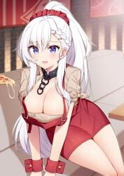 1girls apron azur_lane belfast_(azur_lane) belfast_(piping-hot_perfection)_(azur_lane) big_breasts blue_eyes braided_hair cleavage clothed collar couch day eyebrows_visible_through_hair female female_focus female_only food hair_ornament light-skinned_female light_skin long_hair open_mouth pizza ponytail purple_eyes red_hair_ornament royal_navy_(azur_lane) sofa solo solo_female solo_focus takeg0055 thick_thighs thighs white_hair wooden_table